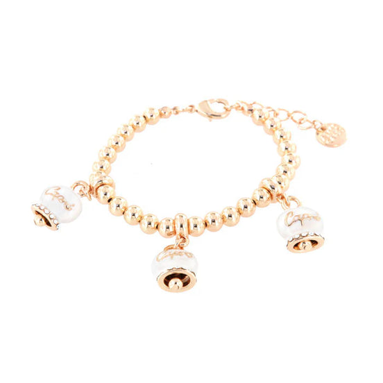 Amo Capri - Bracciale in Metallo maglia a sfere, con tre campanelle portafortuna smaltate bianche e cristalli