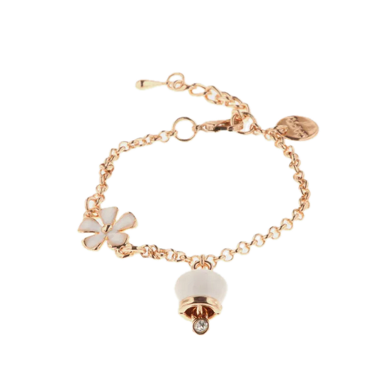 Amo Capri - Bracciale in Metallo con campanella portafortuna pendente smaltata bianca e dettaglio a forma di fiore smaltato bianco