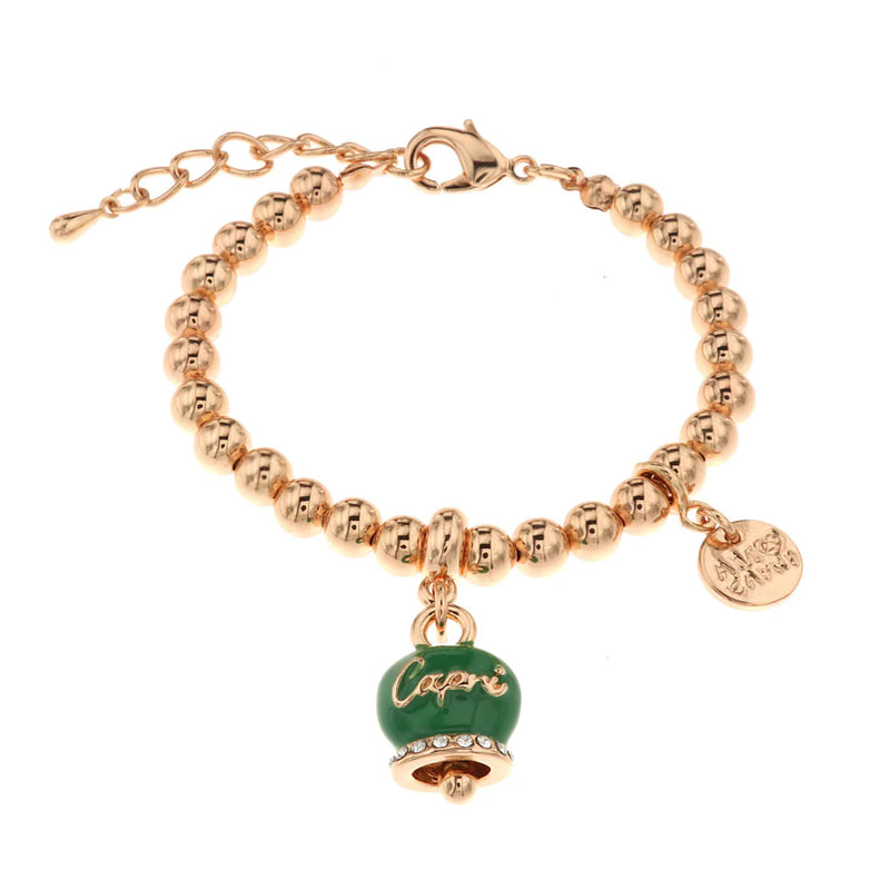 Amo Capri - Bracciale in Metallo con campanella portafortuna verde e scritta Capri