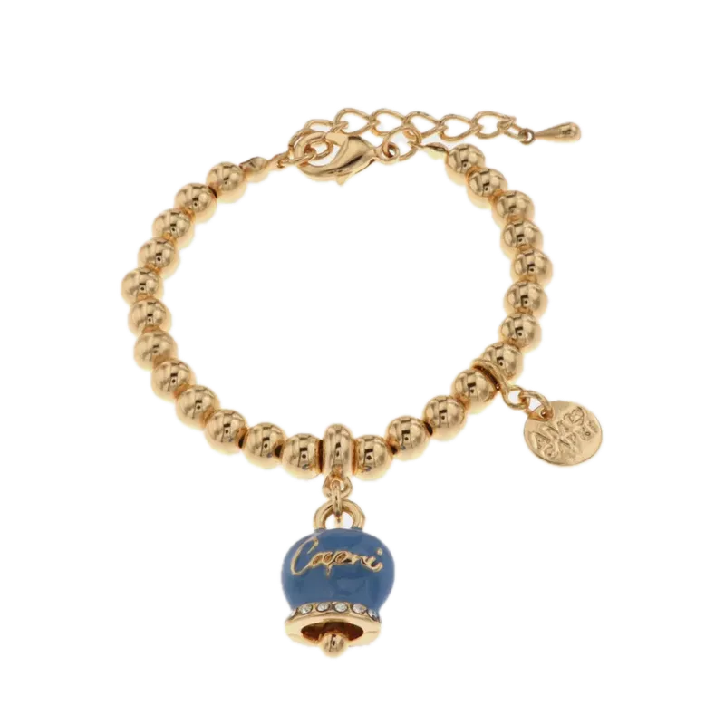 Amo Capri - Bracciale in Metallo con campanella portafortuna blu cobalto, con scritta Capri