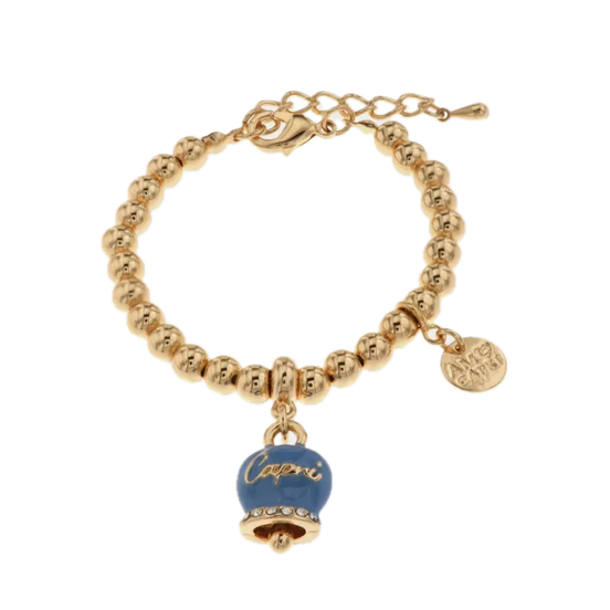 Amo Capri - Bracciale in Metallo con campanella portafortuna blu cobalto, con scritta Capri