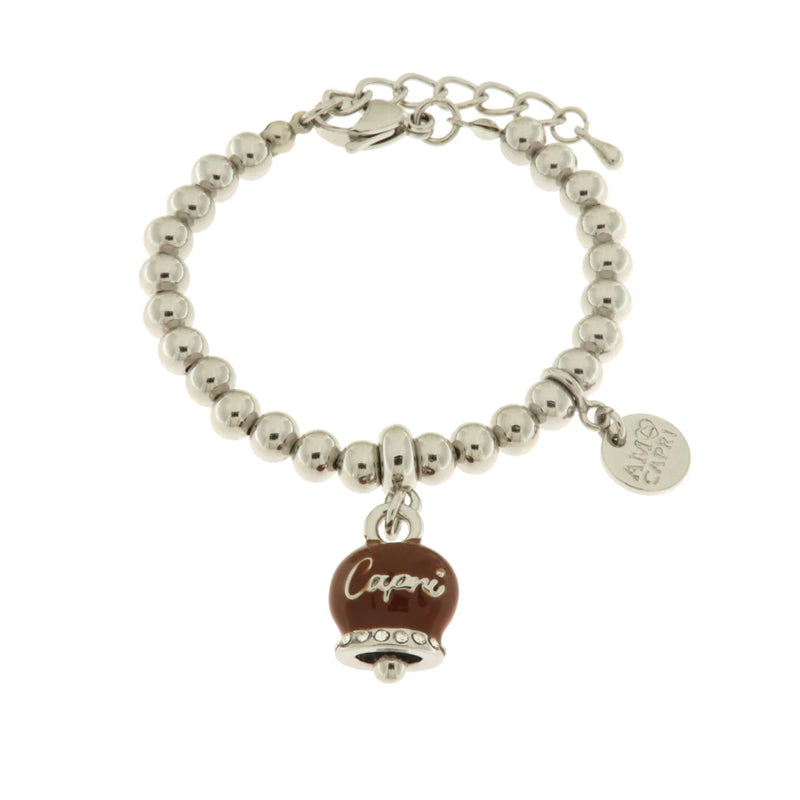 Amo Capri - Bracciale in Metallo con campanella scritta capri pendente impreziosita da cristalli e smalto marrone