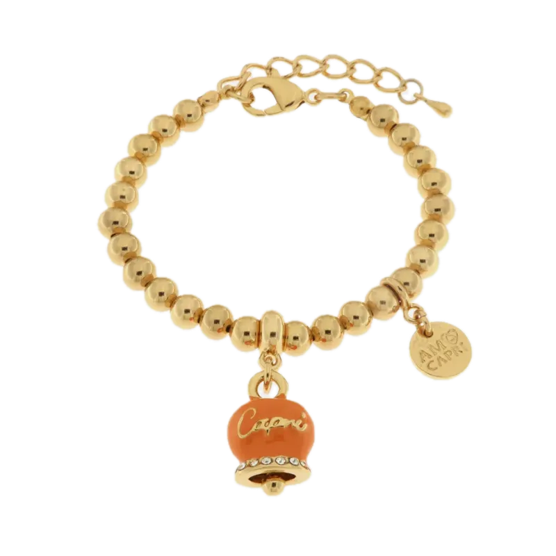 amo capri - Bracciale in Metallo con campanella scritta capri pendente impreziosita da cristalli e smalto arancione