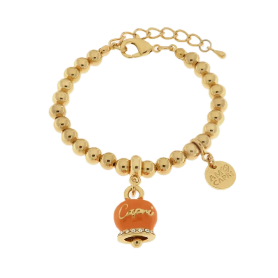 amo capri - Bracciale in Metallo con campanella scritta capri pendente impreziosita da cristalli e smalto arancione