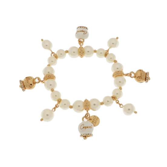amo capri - Bracciale in Metallo Bracciale in Metallo con perle e campanelle portafortuna in smalto bianco con scritta Capri