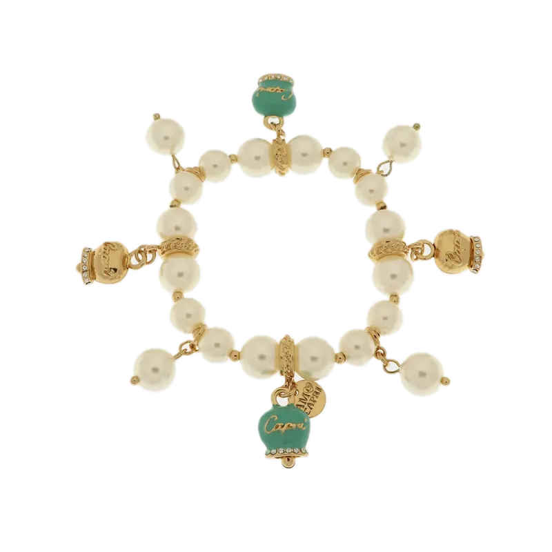 Amo Capri - Bracciale in Metallo Bracciale in Metallo con perle e campanelle portafortuna in smalto verde con scritta Capri