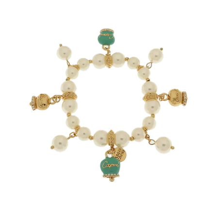 Amo Capri - Bracciale in Metallo Bracciale in Metallo con perle e campanelle portafortuna in smalto verde con scritta Capri