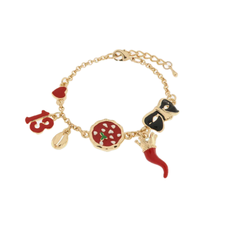 AMO NAPOLI - Bracciale in Metallo con pizza, cornetto, maschera, 13 e chicco di caffe