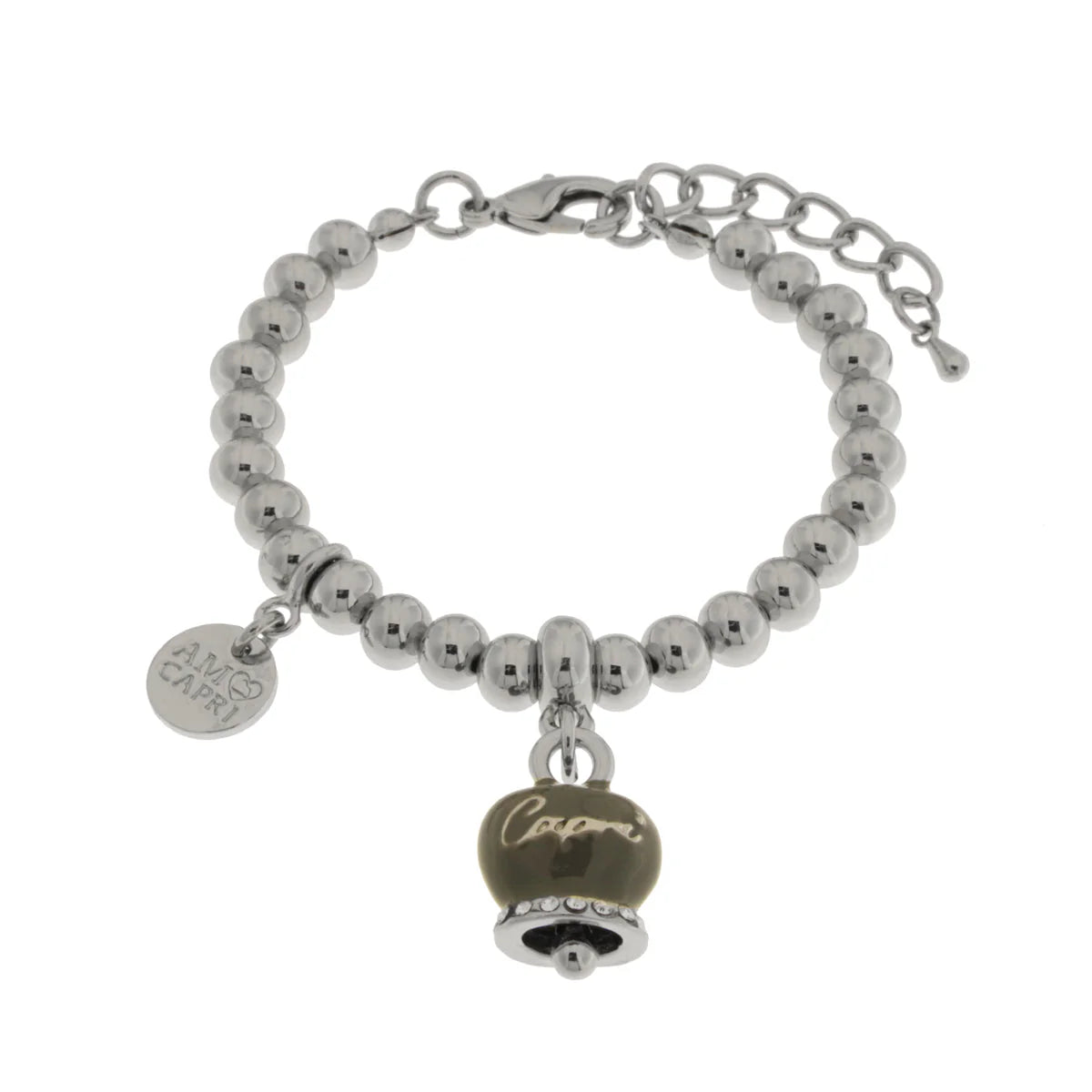Amo Capri - Bracciale in Metallo con campanella grigia scritta capri