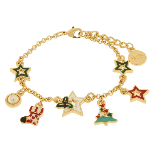 bysimon - Bracciale in Metallo albero di Natale, stelle colorate e calza