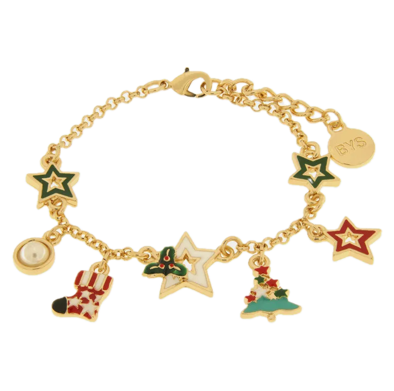 bysimon - Bracciale in Metallo albero di Natale, stelle colorate e calza