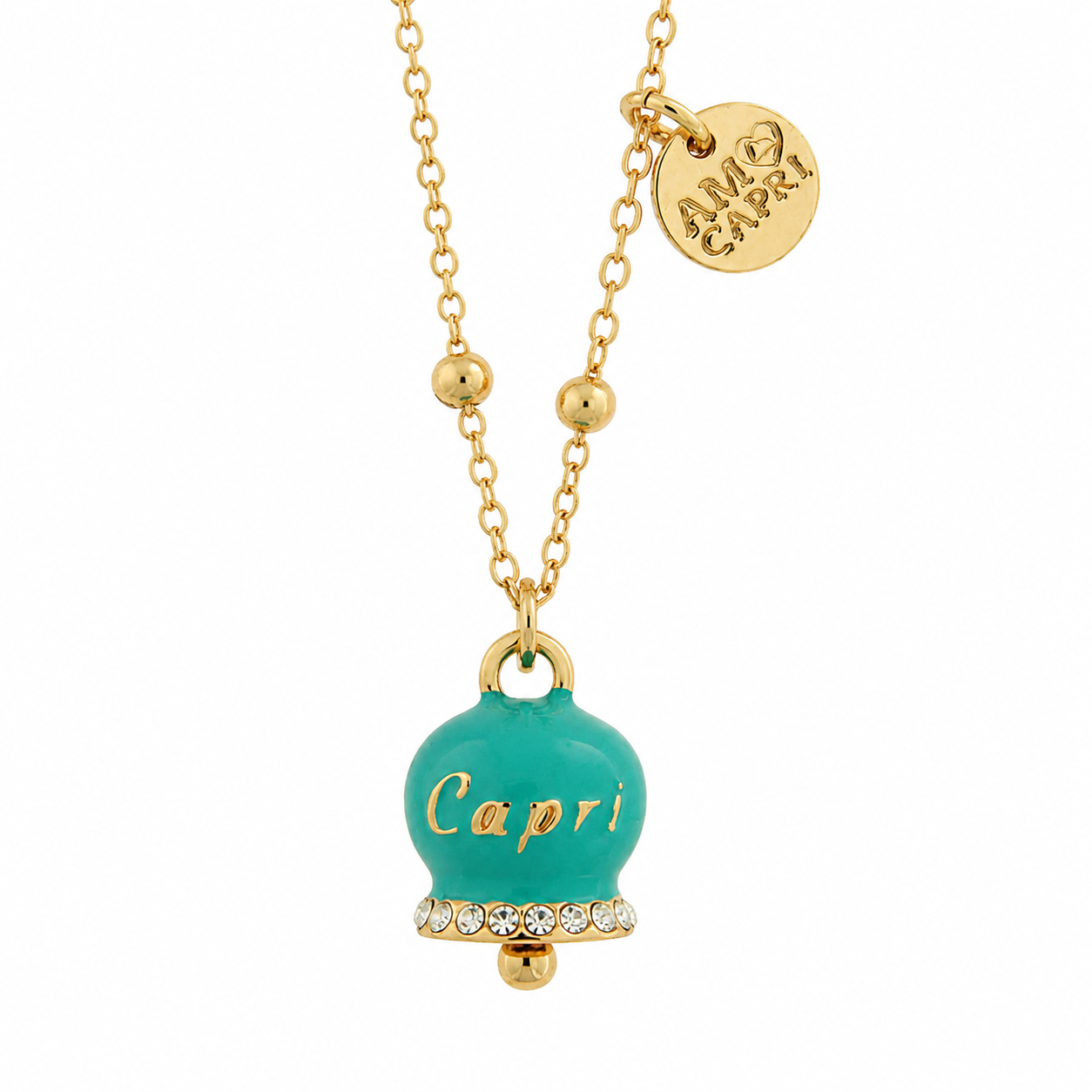 Amo capri - Collana in Metallo con campanella portafortuna turchese e cristalli