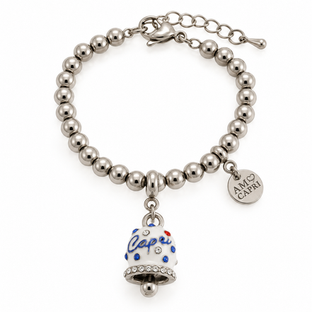 Amo Capri - Bracciale in Acciaio campanella Capri bianca con pois blu