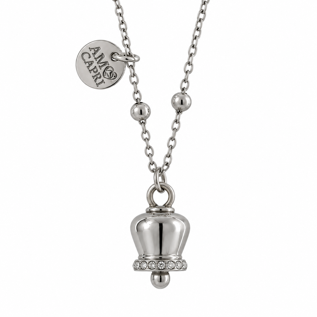 Amo Capri - Collana in Acciaio con campanella portafortuna, impreziosita da cristalli
