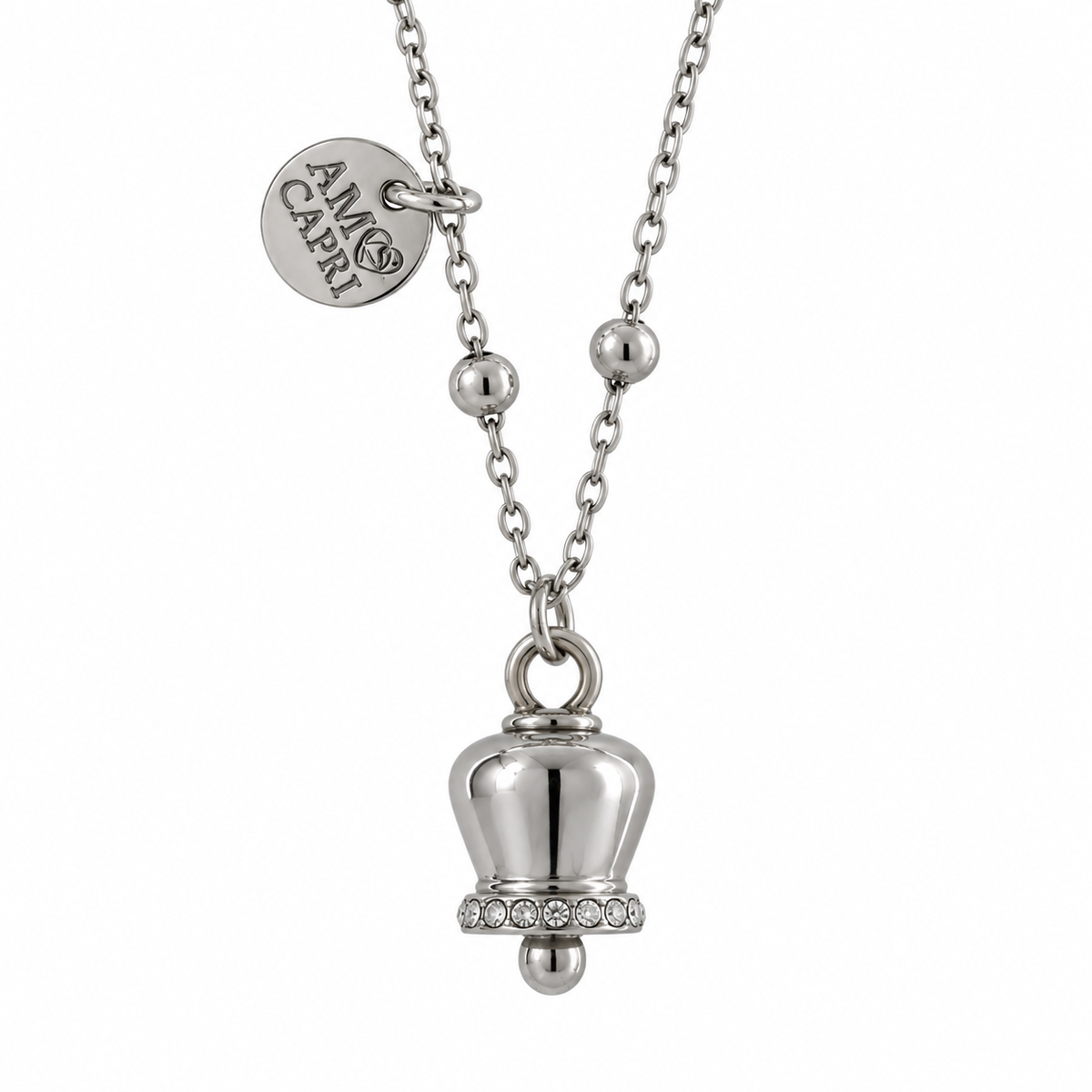 Amo Capri - Collana in Acciaio con campanella portafortuna, impreziosita da cristalli