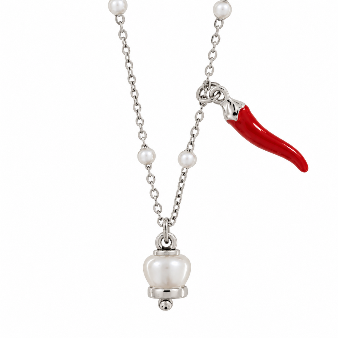 Amo Capri - Collana in Acciaio con corno rosso pendente e campanella