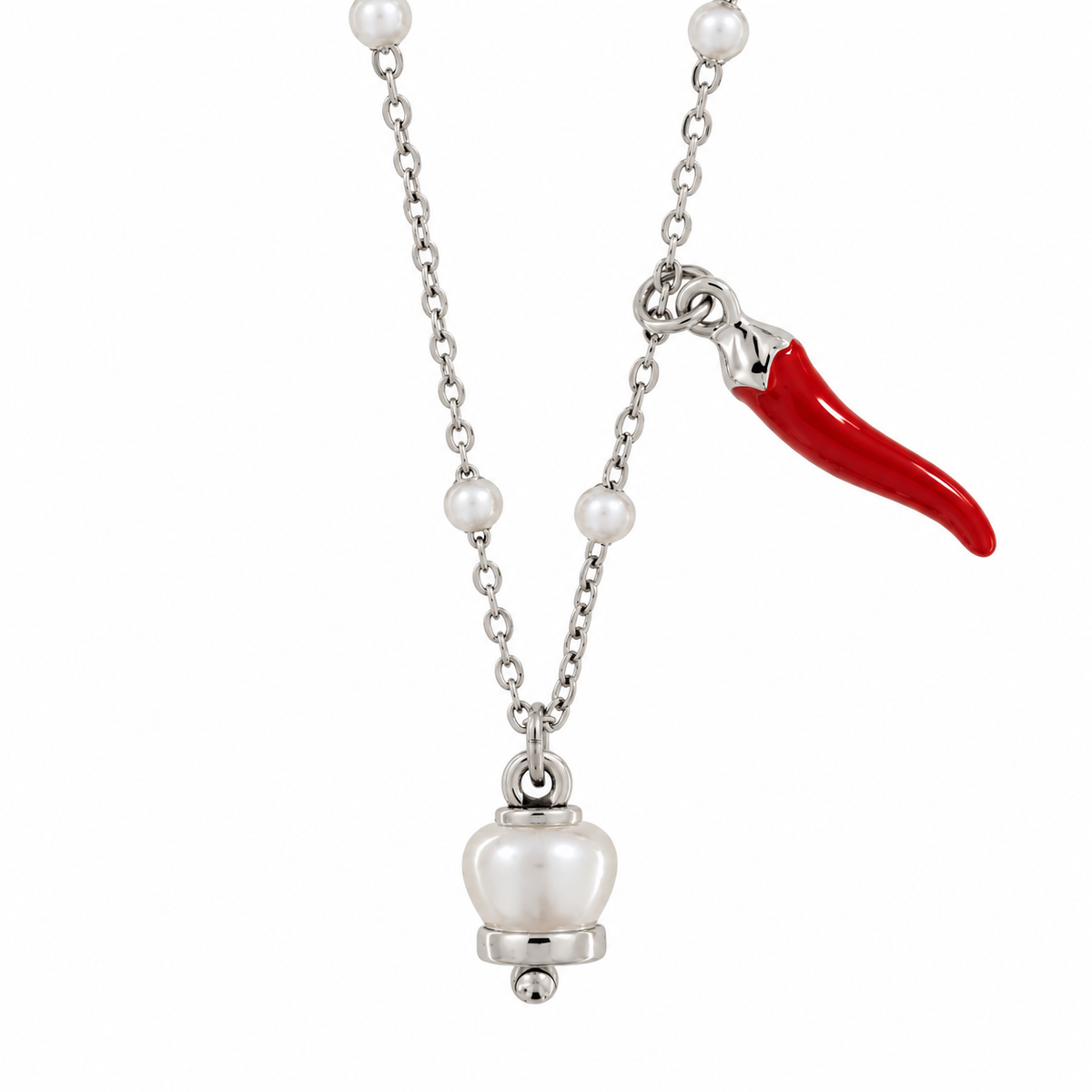Amo Capri - Collana in Acciaio con corno rosso pendente e campanella