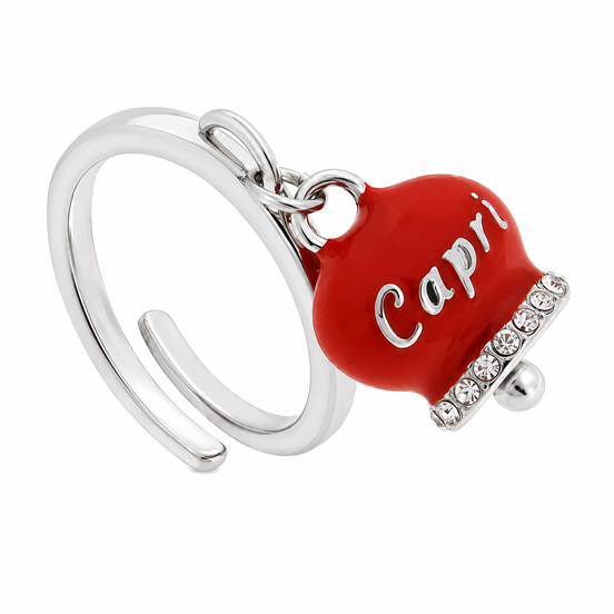 Amo Capri - Anello in Acciaio campanella rossa con scritta Capri e zirconi