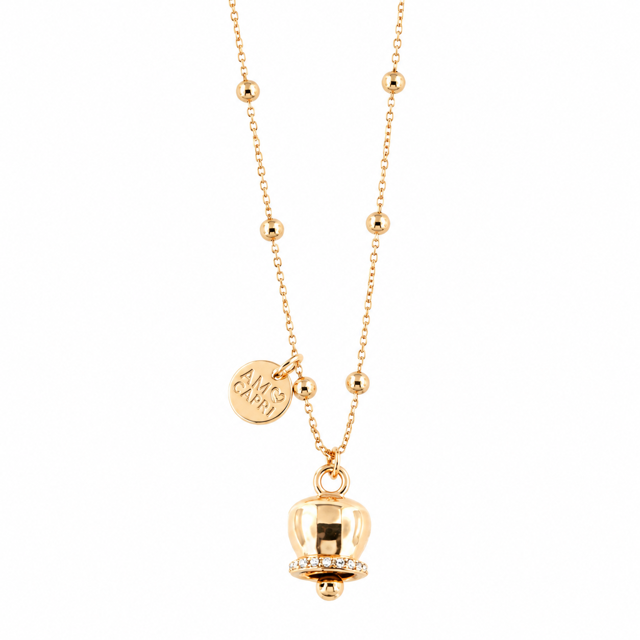 amo capri - Collana in Metallo con campanella portafortuna pendente, impreziosita da cristalli