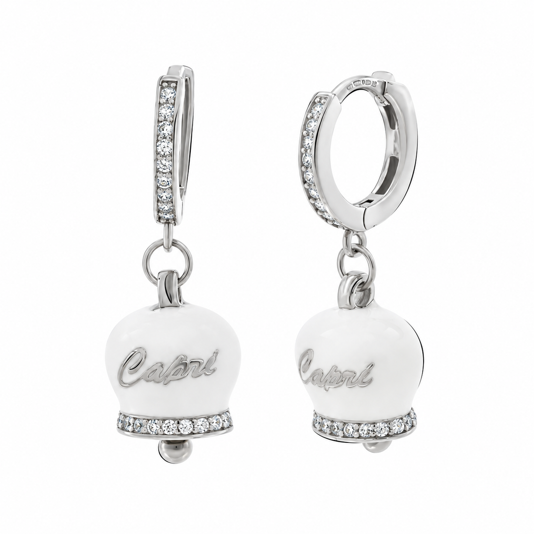Amo Capri - Orecchini in Argento 925 con campanella bianca Capri e zirconi