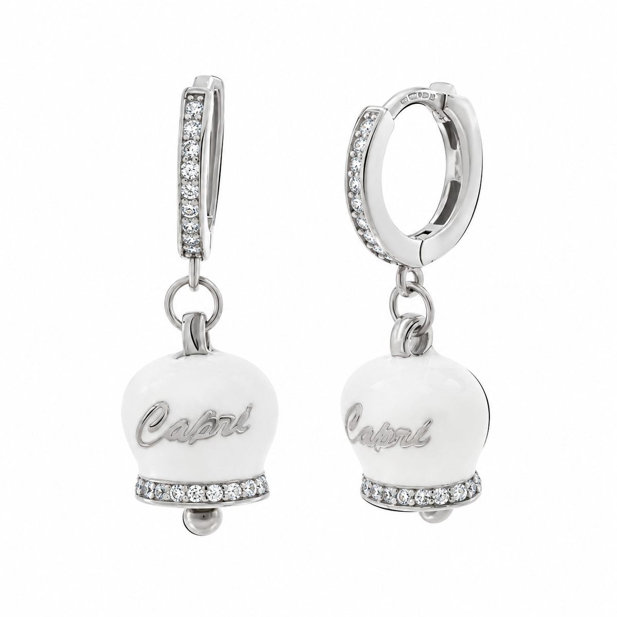 Amo Capri - Orecchini in Argento 925 con campanella bianca Capri e zirconi