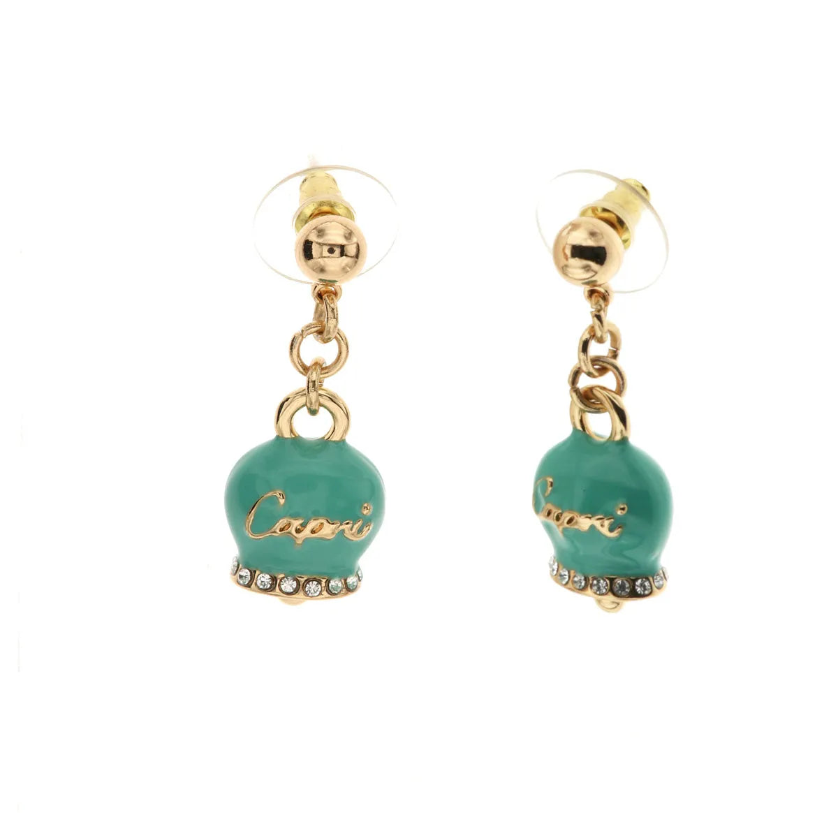 amo capri - Orecchini in Metallo con campanella capri pendente in smalto verde acqua, impreziosita da cristalli