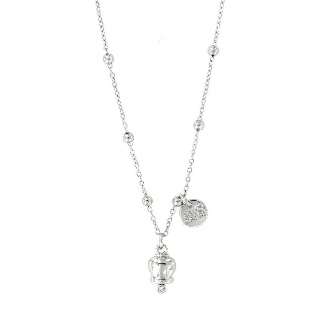 amo capri - Collana in Metallo con campanella portafortuna pendente, impreziosita da cristalli