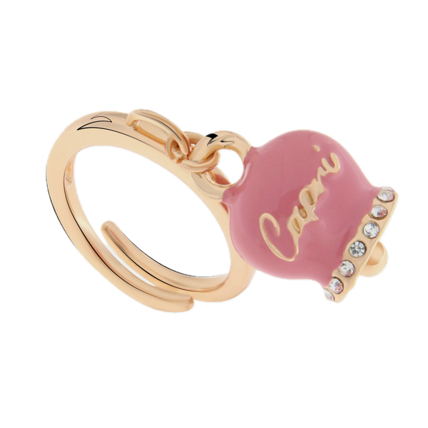 amo capri - Anello in Metallo con campanella portafortuna pendente impreziosita da smalto rosa e cristalli