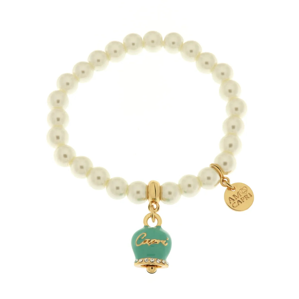 amo capri - Bracciale in Metallo Bracciale in Metallo con perle e campanella portafortuna in smalto verde con scritta Capri