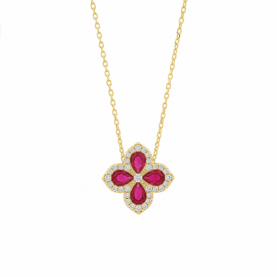 BYSIMON - Collana in Argento 925 fiore rosso placcato oro