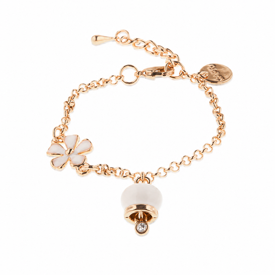 Amo Capri - Bracciale in Metallo con campanella portafortuna pendente smaltata bianca e dettaglio a forma di fiore smaltato bianco