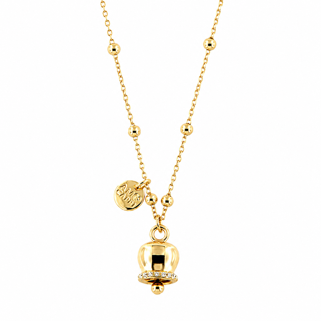 Amo Capri - Collana in Metallo con campanella portafortuna pendente, impreziosita da cristalli