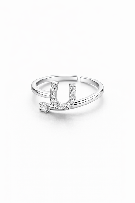 fico gioielli - Anello Lettera “U” con Zirconi in Argento