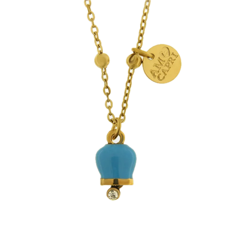 Amo Capri - Collana in Acciaio con campenalla verde acqua portafortuna