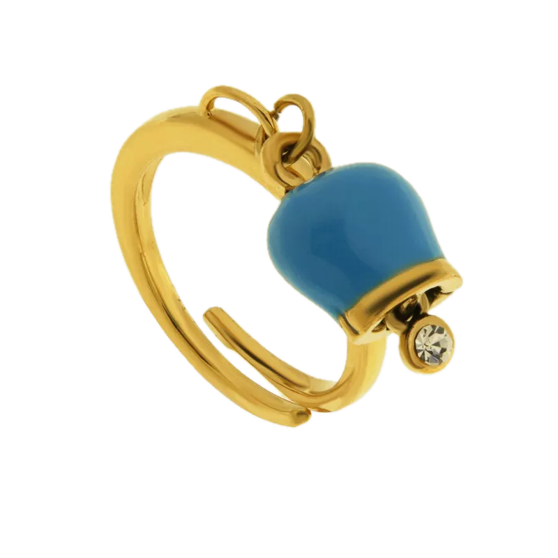 Amo Capri - Anello in Acciaio con campanella portafortuna pendente verde acqua