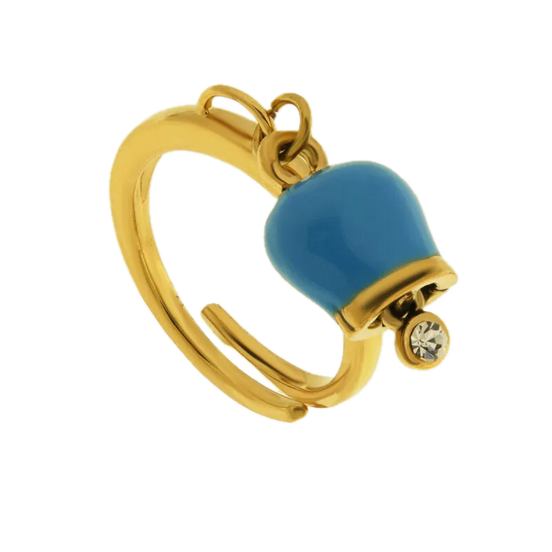 Amo Capri - Anello in Acciaio con campanella portafortuna pendente verde acqua