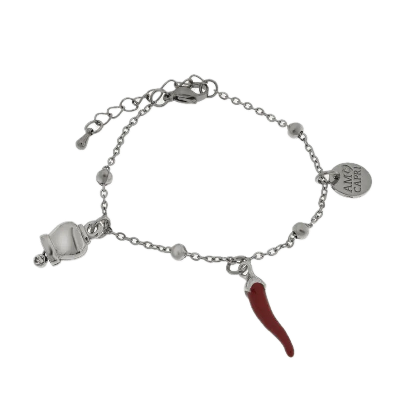 Amo Capri - Bracciale in Acciaio con cornetto rosso pendente e campanella portafortuna con punto luce