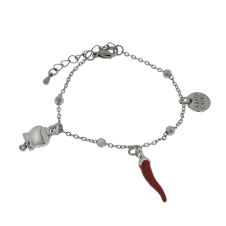 Amo Capri - Bracciale in Acciaio con cornetto rosso pendente e campanella portafortuna con punto luce