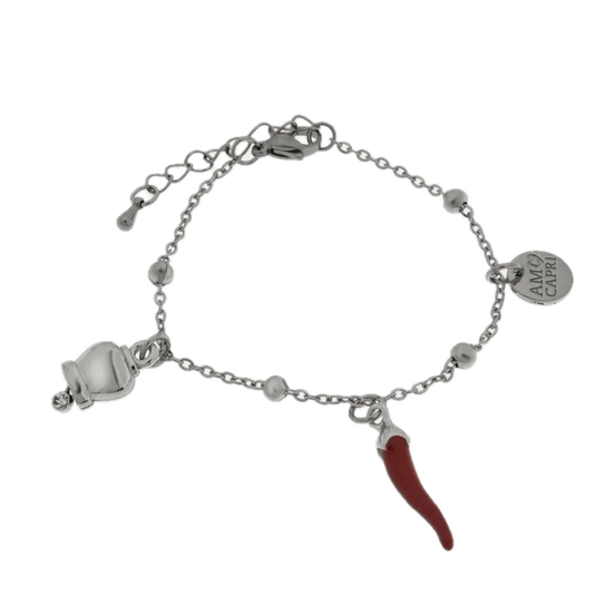 Amo Capri - Bracciale in Acciaio con cornetto rosso pendente e campanella portafortuna con punto luce
