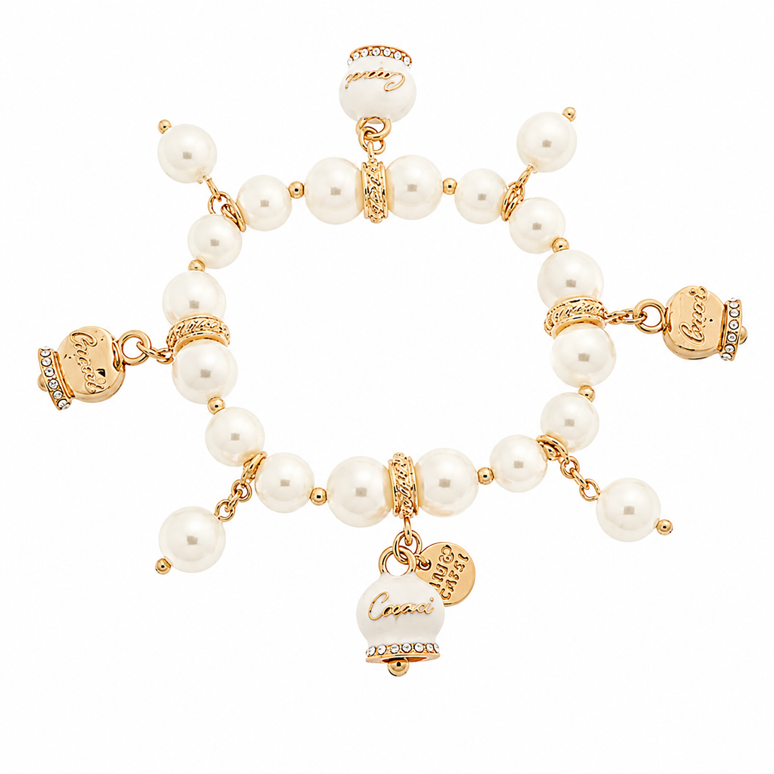 amo capri - Bracciale in Metallo Bracciale in Metallo con perle e campanelle portafortuna in smalto bianco con scritta Capri