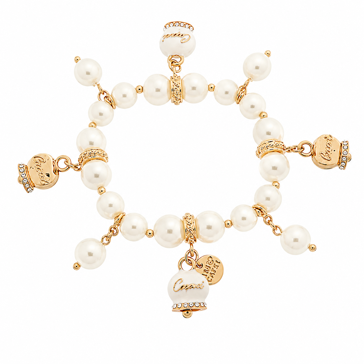 amo capri - Bracciale in Metallo Bracciale in Metallo con perle e campanelle portafortuna in smalto bianco con scritta Capri