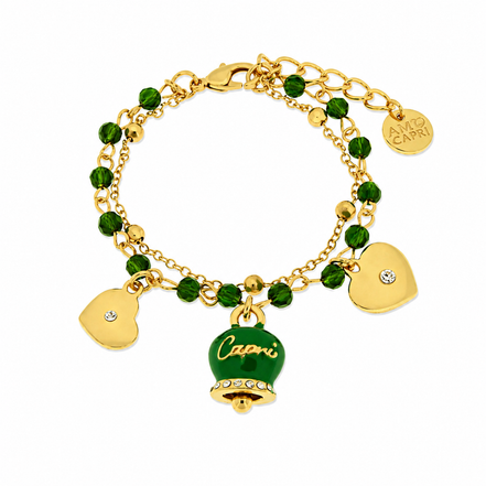 Amo Capri -  Bracciale in Metallo multifilo con campanella e pietre verdi