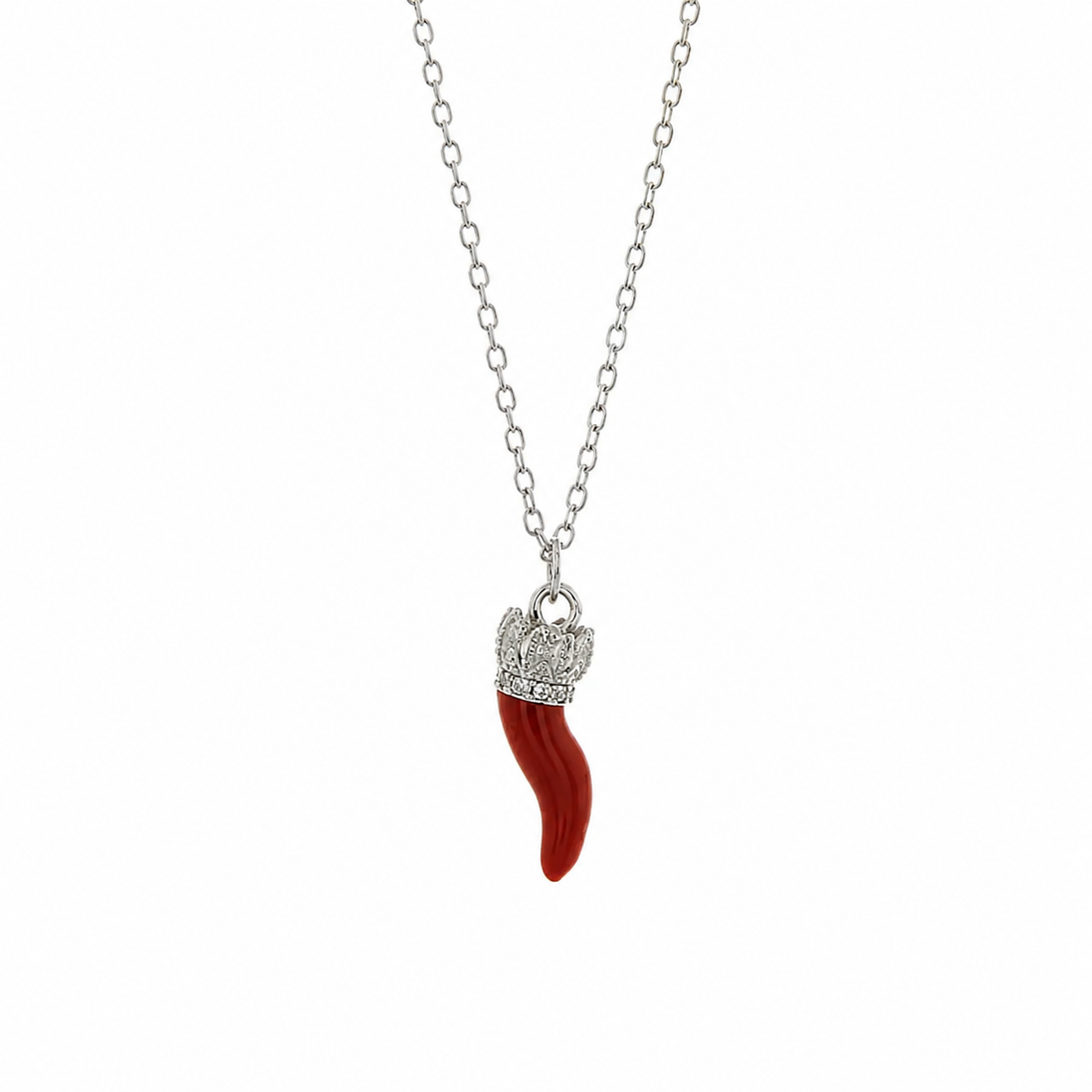 BYSIMON - Collana in Argento 925 con corno rosso e zirconi bianchi