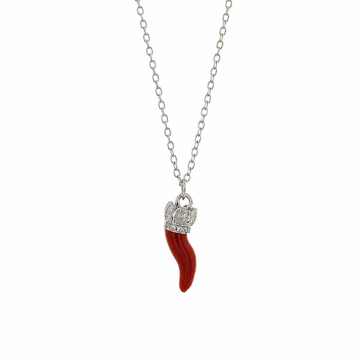 BYSIMON - Collana in Argento 925 con corno rosso e zirconi bianchi