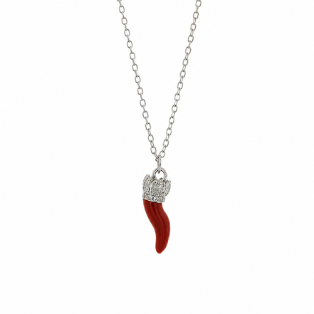 BYSIMON - Collana in Argento 925 con corno rosso e zirconi bianchi