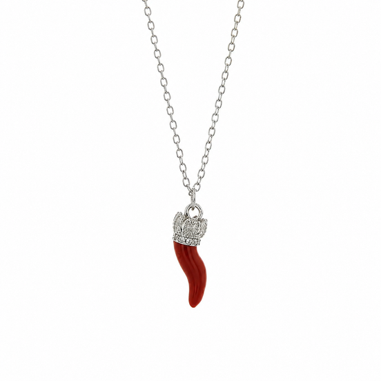 BYSIMON - Collana in Argento 925 con corno rosso e zirconi bianchi