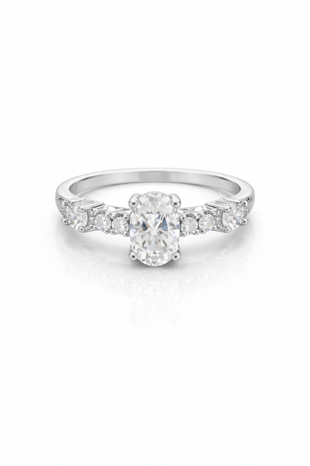 fico gioielli - Anello Solitario Ovale con Pavé in Argento 925