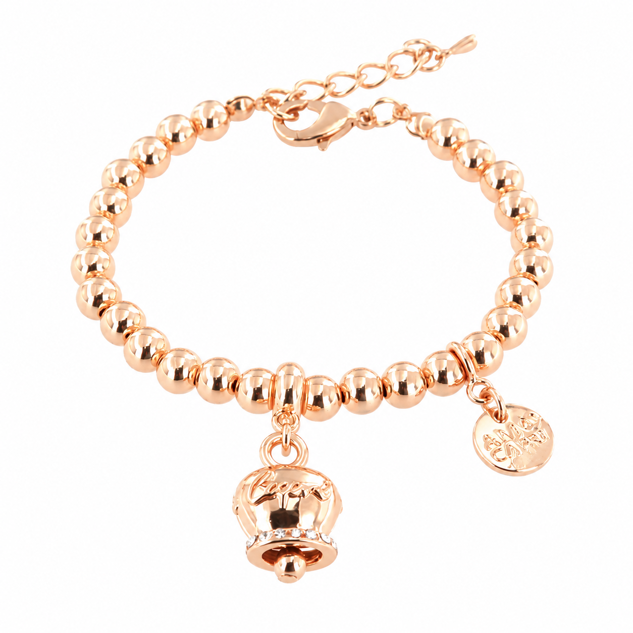 amo capri - Bracciale in Metallo maglia a sfere, con campanella scritta capri pendente, impreziosita da cristalli
