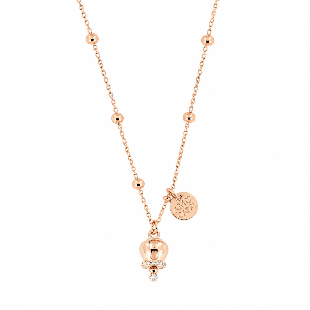 amo capri - Collana in Metallo con campanella portafortuna pendente, impreziosita da cristalli