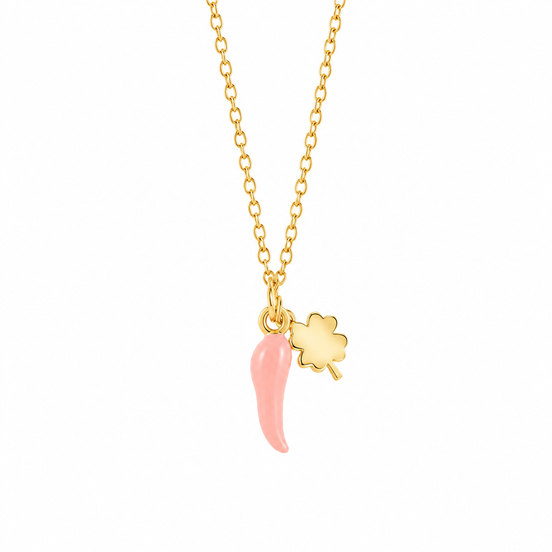 BYSIMON - Collana in Argento 925 con cornetto portafortuna rosa e quadrifoglio